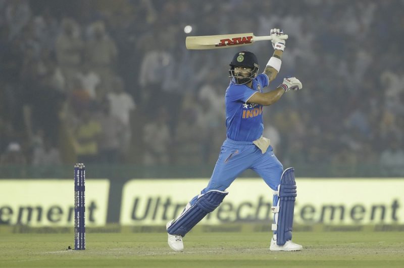 India's Virat Kohli plays a shot during their third one-day international cricket match against New Zealand in Mohali, India, Sunday, Oct. 23, 2016.