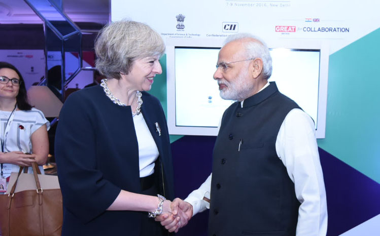 The Prime Minister, Shri Narendra Modi meeting the Prime Minister of United Kingdom, Ms. Theresa May at the India-UK Tech Summit, in New Delhi on November 07, 2016.