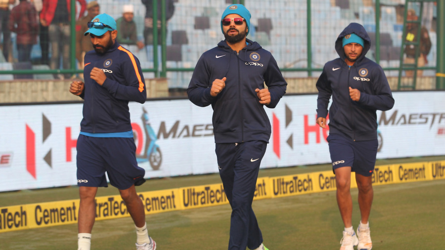 Virat Kohli captain of India with Mohammed Shami and Kuldeep Yadav of India during the Practice session before the day one paly of the 3rd test match between India and Sri Lanka held at the Feroz Shah Kotla Stadium in Delhi on the 2nd December 2017
Photo by Deepak Malik / BCCI / Sportzpics