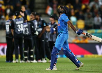 Vijay Shankar of India leaves the field after being dismissed during game one of the International T20 Series between the New Zealand Black Caps and India at Westpac Stadium on February 06, 2019 in Wellington, New Zealand.