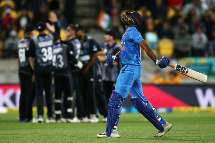 Vijay Shankar of India leaves the field after being dismissed during game one of the International T20 Series between the New Zealand Black Caps and India at Westpac Stadium on February 06, 2019 in Wellington, New Zealand.