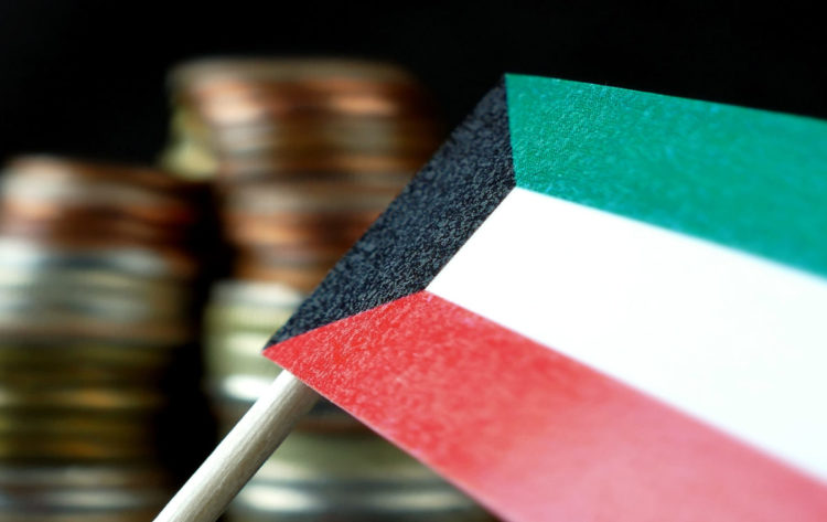 Kuwait flag waving with stack of money coins macro
