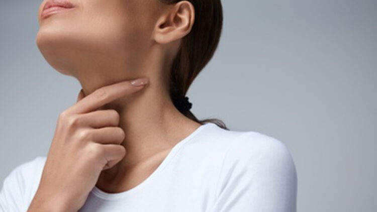 Throat Pain. Closeup Of Sick Woman With Sore Throat Feeling Bad, Suffering From Painful Swallowing. Beautiful Girl Touching Neck With Hand. Illness, Health Care And Medicine Concepts. High Resolution