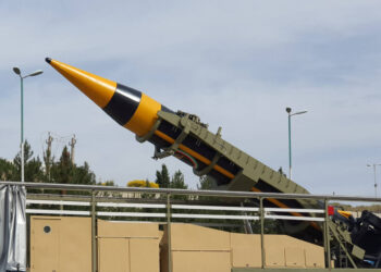 A new surface-to-surface ballistic missile called Khaibar with a range of 2,000 km, unveiled by Iran, is seen in Tehran, Iran, May 25, 2023.WANA (West Asia News Agency) via REUTERS