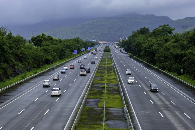 Pune, India - August 15 2020: The Mumbai-Pune Expressway during the monsoon season near Pune India. Monsoon is the annual rainy season in India from June to September.