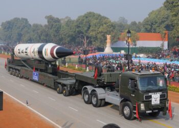 Agni-V Missile passes through the Rajpath during the full dress rehearsal for the Republic Day Parade-2013, in New Delhi on January 23, 2013.