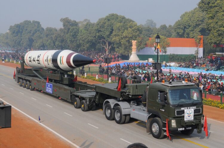 Agni-V Missile passes through the Rajpath during the full dress rehearsal for the Republic Day Parade-2013, in New Delhi on January 23, 2013.