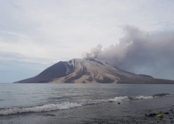 Mount Ruang volcano spews volcanic materials during an eruption as seen from Tagulandang in Sitaro, North Sulawesi province, Indonesia, May 1, 2024. The Center for Volcanology and Geological Hazard Mitigation (PVMBG)/Handout via REUTERS