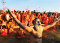 Allahabad: Juna Sadhus take a holy dip at Sangam during Makar Sankranti, on the first day of the Kumbh Mela, or pitcher festival in Allahabad (Prayagraj), Uttar Pradesh, Tuesday, Jan.15, 2019. (PTI Photo/Shahbaz Khan)(PTI1_15_2019_000058B)