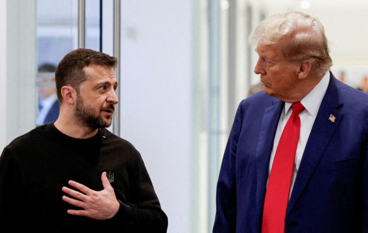 FILE PHOTO: Republican presidential nominee and former U.S. President Donald Trump and Ukraine's President Volodymyr Zelenskiy meet at Trump Tower in New York City, U.S., September 27, 2024. REUTERS/Shannon Stapleton//File Photo